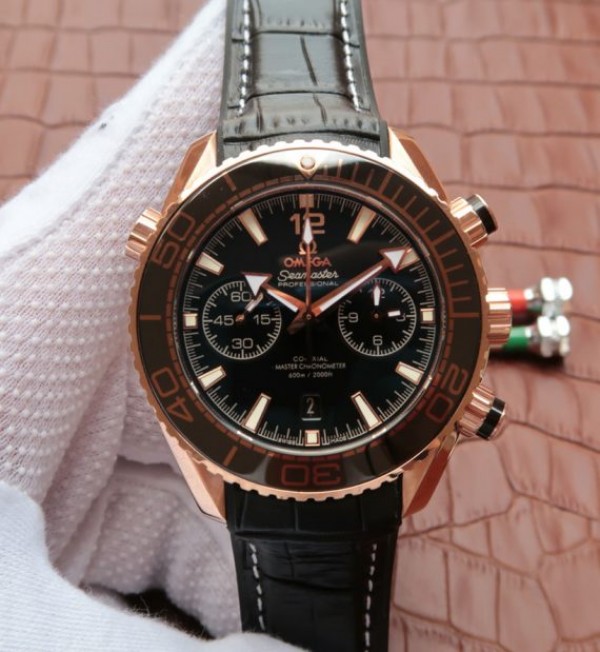 Omega Planet Ocean Master Chronometer RG Black Bezel Black Dial Leather A9301