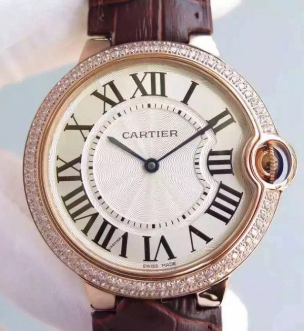 Cartier Ballon Bleu 40mm RG Diamonds Bezel Whit Dial Leather Strap MIYOTA9015