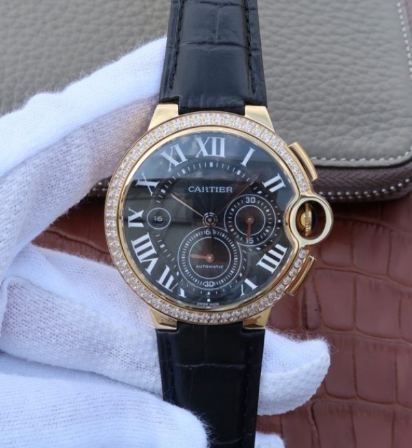 Cartier Ballon Bleu De Cartier Chrono YG Black Dial Diamonds Bezel A8101