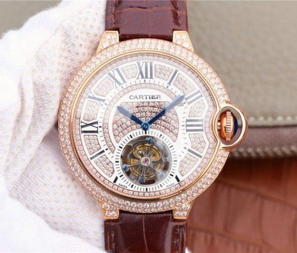 Cartier Ballon Bleu de Cartier Tourbillon RG Full Paved Diamonds Leather Strap