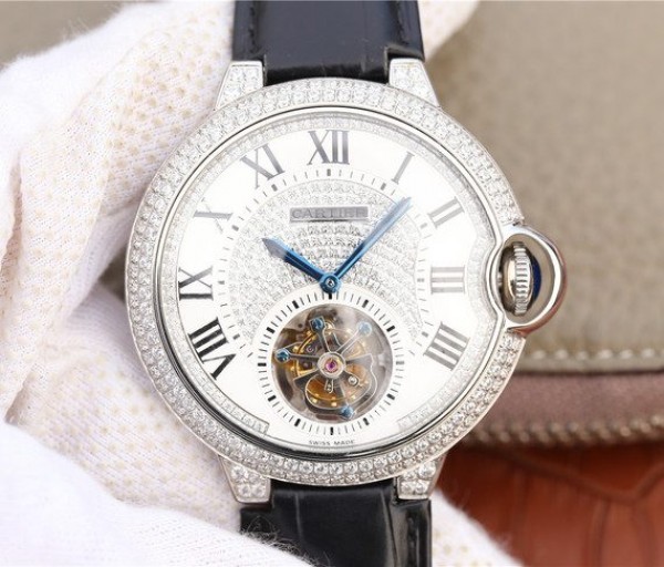 Cartier Ballon Bleu de Cartier Tourbillon SS paved Diamonds Leather Strap