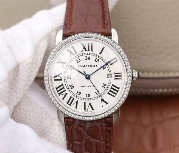 Cartier Ronde De Cartier SS White Dial Diamonds Bezel Croco Strap A2892