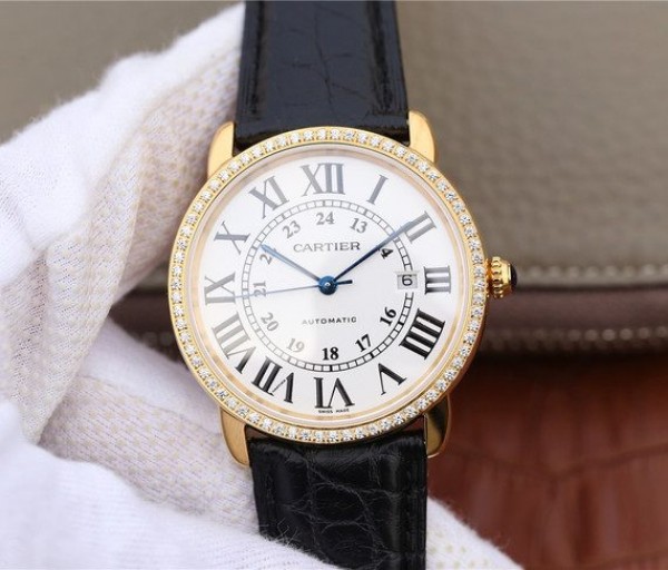 Cartier Ronde De Cartier YG White Dial Diamonds Bezel Croco Strap A2892