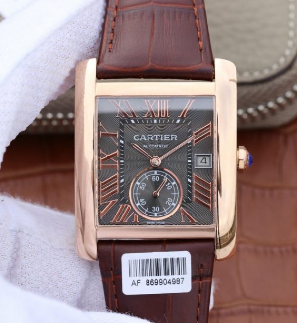 Cartier Tank MC RG Gray Textured Dial Brown leather strap