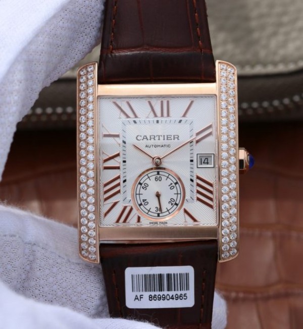 Cartier Tank MC RG White Dial RG Mark Diamonds Bezel Leather Strap