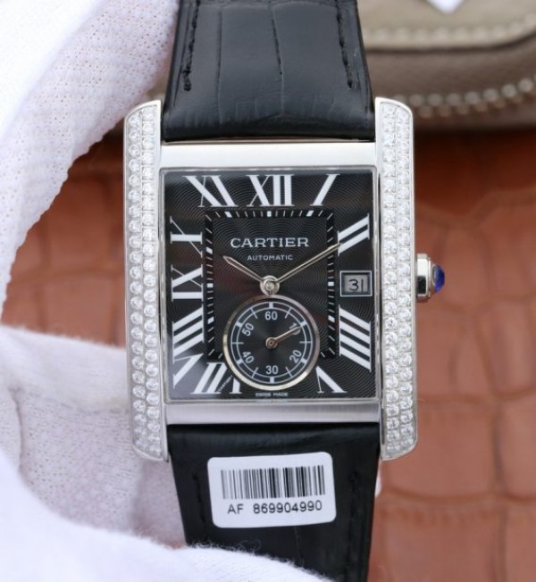 Cartier Tank MC SS Black Dial Diamonds Bezel Leather Strap