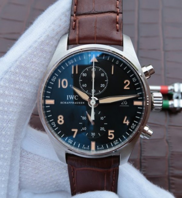 IWC ZF Pilot Chrono SS IW387808 Black Dial Leather Strap