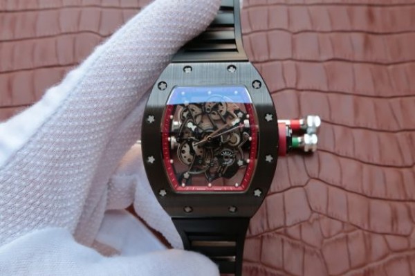 Richard Mille RM055 Black Ceramic Red Inner Bezel Skeleton Dial Black Rubber Strap MIYOTA8215