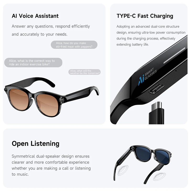 New Al Smart Glasses 200W HD Camera Video Recording AI Translation AI Voice Assistant Sunglasses Bluetooth Call Music Playback