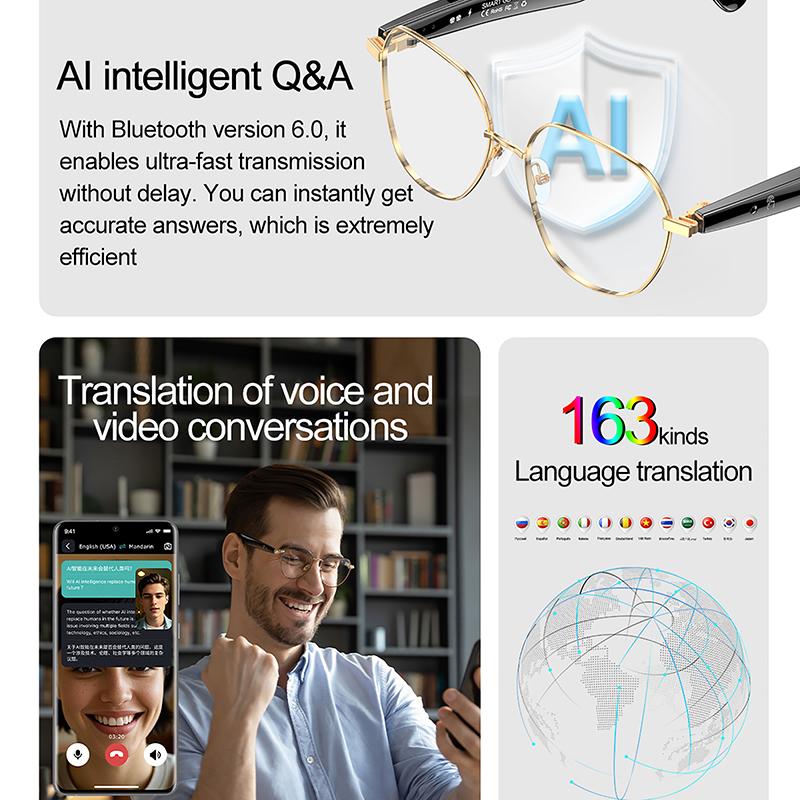 AI Chat Men Women Smart Bluetooth Call Glasses Voice Assistant Real-time Translation Voice Notes Open Ear Music IP65 Waterproof Automatic Magnetic Phone Remote Wearable Anti-Blue Light - Image 2