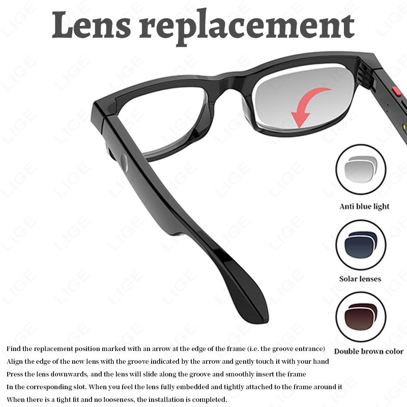 LIGE New Smart Glasses 500W Camera HD Video Recording Bluetooth Call Glasses AI Smart Translation Sunglasses WiFi Transmission Wearable 3 Pairs Of Lenses - Image 5
