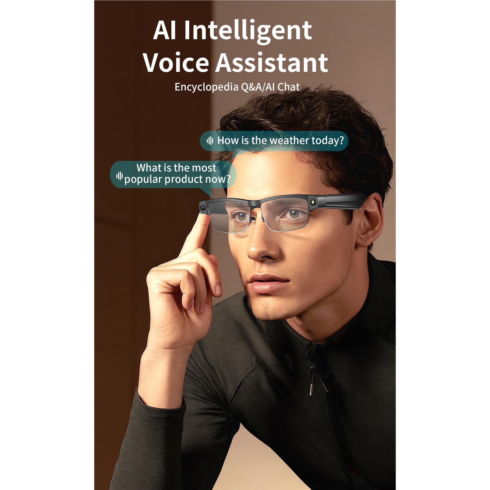 Smart AI Glasses Recording Videos Ai Photo Recognition Answer Translation Large Battery  Bluetooth Call Glasses For Men Women Wearable Mics Black Black - Image 5