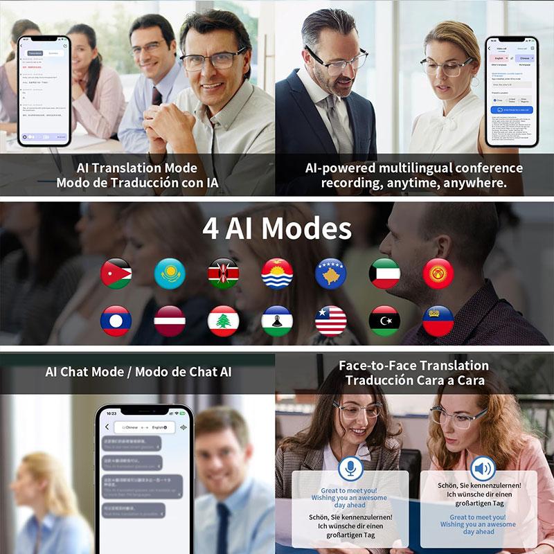 Smart glasses, app translation, color-changing lenses, high-definition voice calls, Hi-Fi music quality, open-ear audio glasses. Wearable