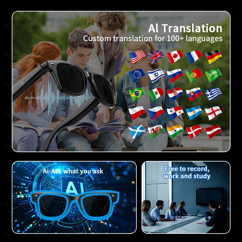 Smart glasses with AI camera and new video features, intelligent two-way translation, smart sunglasses, compatible with Google, equipped with a camera, suitable for men