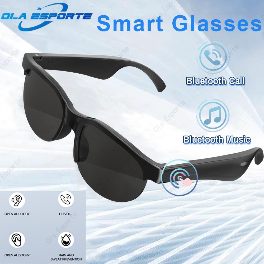Smart glasses, designed for men, new arrival with Bluetooth 5.3, featuring stereo bass sound with blue light protection, dual speakers, touch control system, music playback, headphones, and sunglasses functionality.