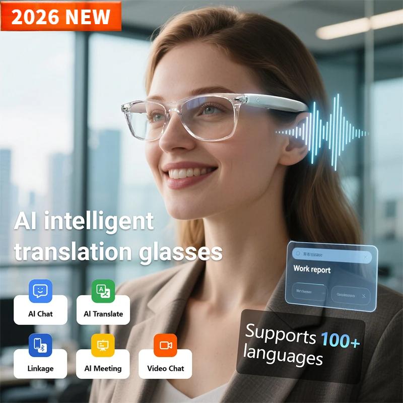 Smart glasses, 2026 collection, AI translation, supports over 100 languages, answers calls, plays music, noise reduction, BT lighting, TWS glasses, suitable for men and women
