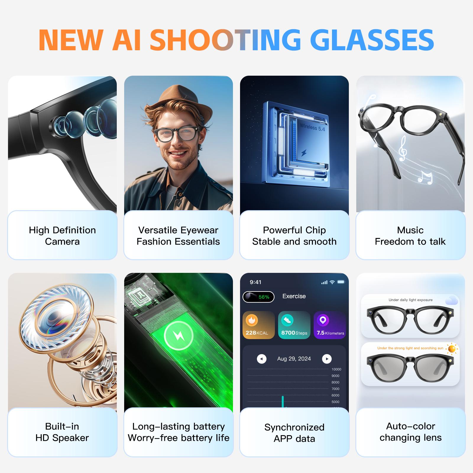 2025 New Smart Glasses Recording AI Photos 260mAh Large Battery Bluetooth Call Automatic Color Change Glasses for Men and Women