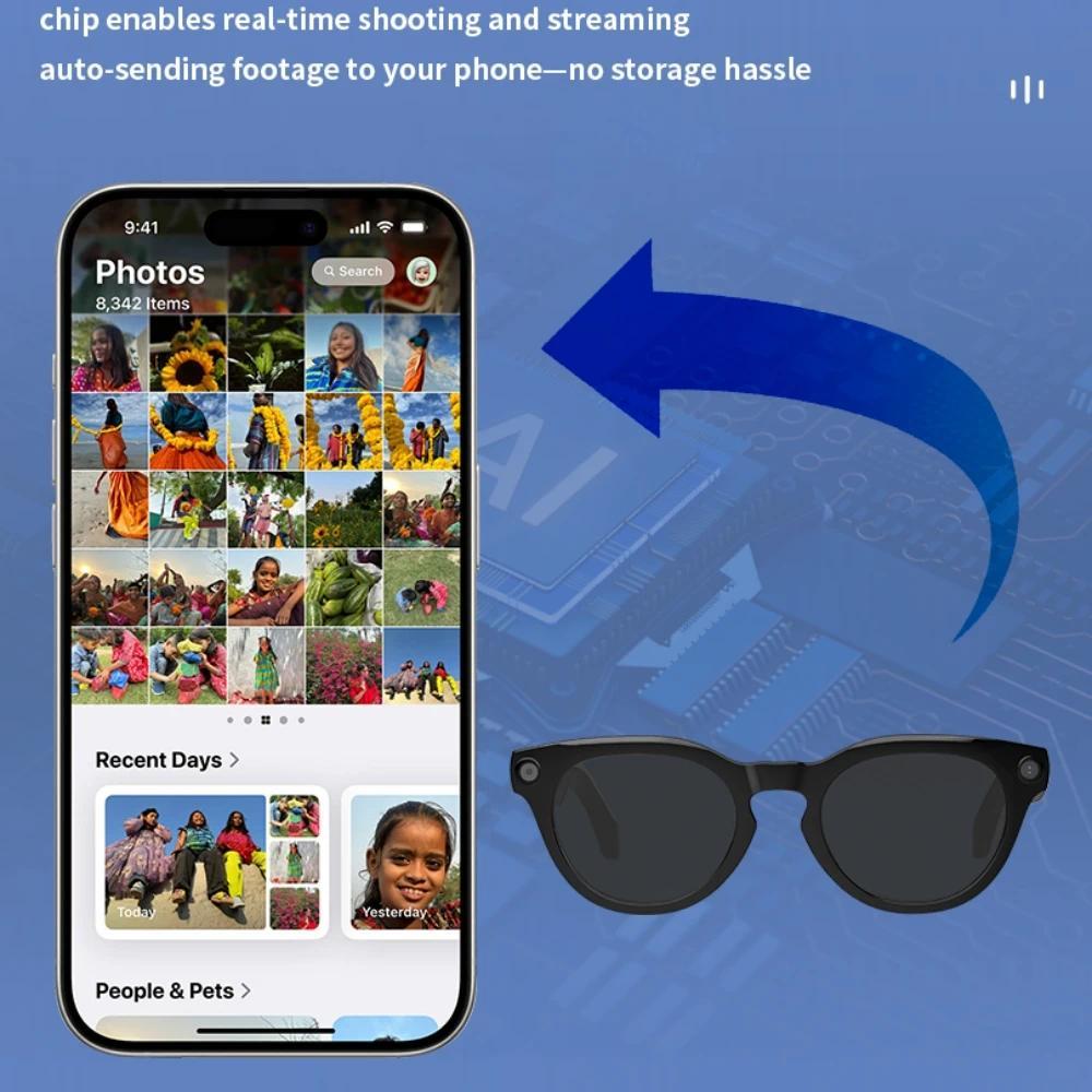 Smart glasses with AI technology, 32MP HD camera, compact 1200P HD video recording, V03-T6 sunglasses, AI smart assistant, wireless BT headphones, perfect for office use