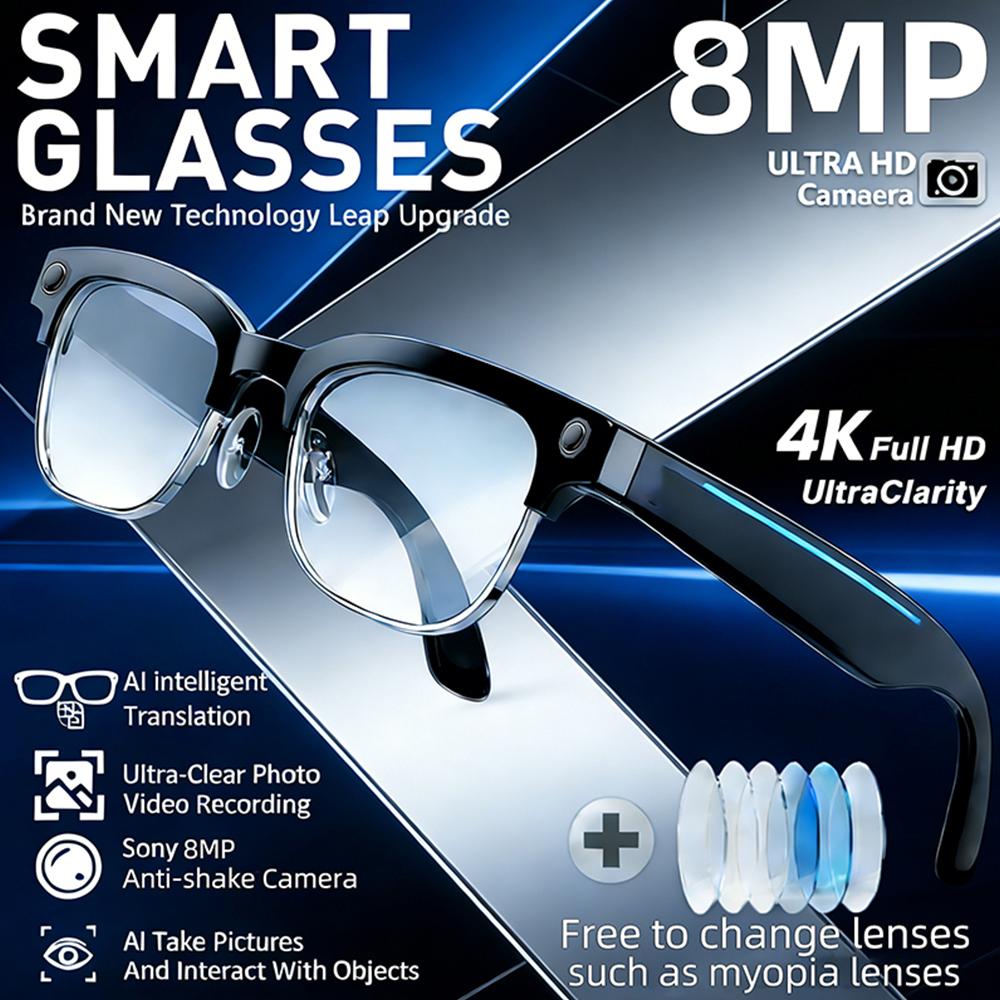 2026 New 8MP Ultra-Wide HD 4K Camera Smart Glasses Video Record 4GB AI Photo Recognition BT Call Translation Voice Smart Glasses